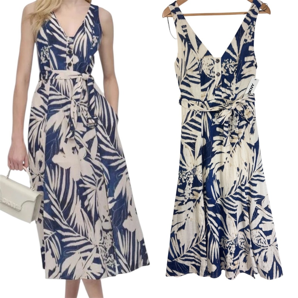 NEW DKNY‎ Belted Women Cream Navy  Tropical Leaf Floral Print Midi Summer Size 2